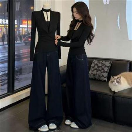 YF6964# 图片色辣妹新款镂空围脖假两件拼接长袖弹力修身黑色休闲T恤