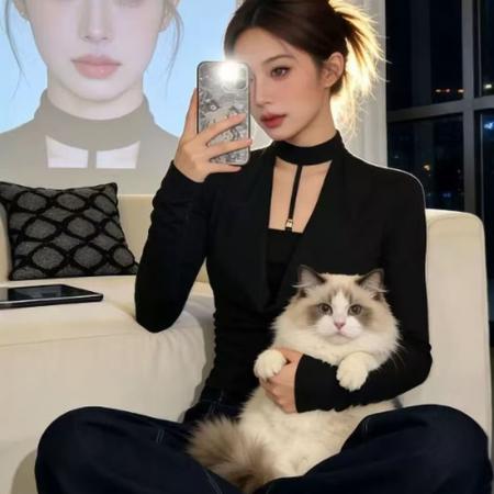 YF6964# 图片色辣妹新款镂空围脖假两件拼接长袖弹力修身黑色休闲T恤