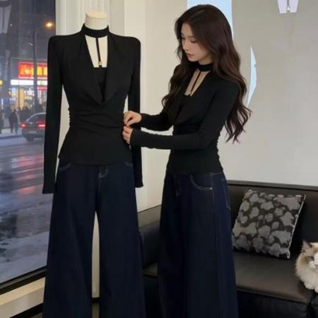 YF6964# 图片色辣妹新款镂空围脖假两件拼接长袖弹力修身黑色休闲T恤