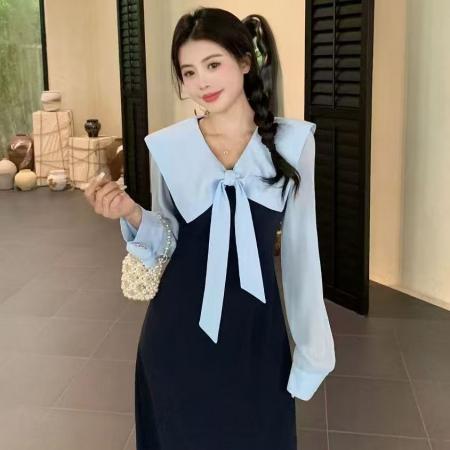 YF6963# 图片色甜美时尚蝴蝶结飘带方领撞色拼接修腰显瘦优雅气质连衣裙