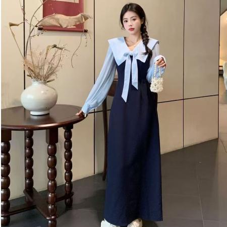 YF6963# 图片色甜美时尚蝴蝶结飘带方领撞色拼接修腰显瘦优雅气质连衣裙