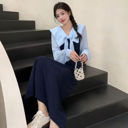 YF6963# 图片色甜美时尚蝴蝶结飘带方领撞色拼接修腰显瘦优雅气质连衣裙