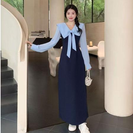 YF6963# 图片色甜美时尚蝴蝶结飘带方领撞色拼接修腰显瘦优雅气质连衣裙