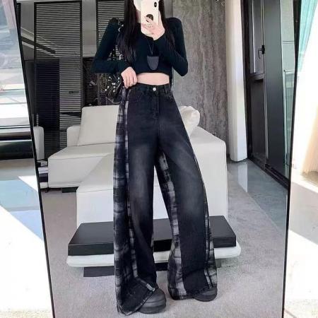 YF6961# 图片色港式复古格纹拼接系扣高腰阔腿坠地感慵懒风胖MM显瘦牛仔裤