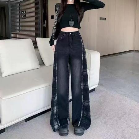 YF6961# 图片色港式复古格纹拼接系扣高腰阔腿坠地感慵懒风胖MM显瘦牛仔裤