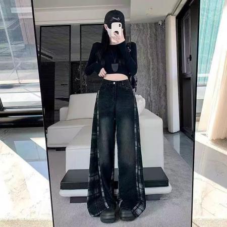 YF6961# 图片色港式复古格纹拼接系扣高腰阔腿坠地感慵懒风胖MM显瘦牛仔裤