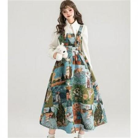 YF6960# 图片色油田风吊事修腰卡通印花无袖吊带复古风跃中长款公主裙