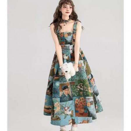YF6960# 图片色油田风吊事修腰卡通印花无袖吊带复古风跃中长款公主裙