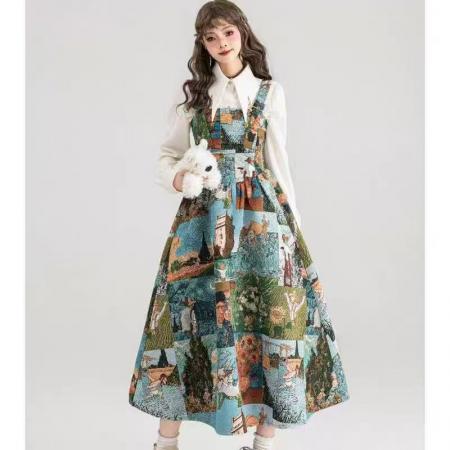 YF6960# 图片色油田风吊事修腰卡通印花无袖吊带复古风跃中长款公主裙