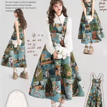 YF6960# 图片色油田风吊事修腰卡通印花无袖吊带复古风跃中长款公主裙