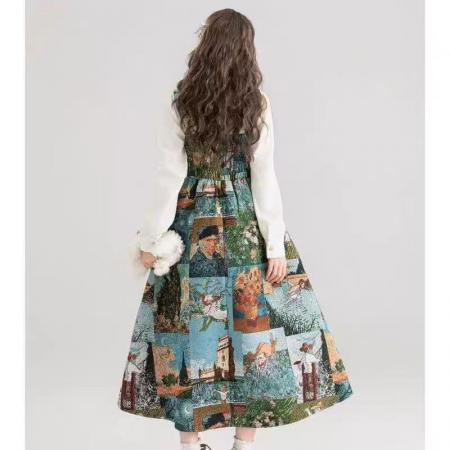 YF6960# 图片色油田风吊事修腰卡通印花无袖吊带复古风跃中长款公主裙