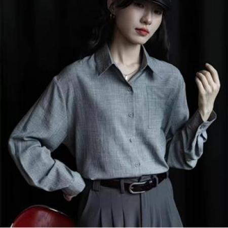 YF6959# (3色入内)简练时尚港式春秋复古设计长袖翻领宽松显瘦设计高级感衬衣