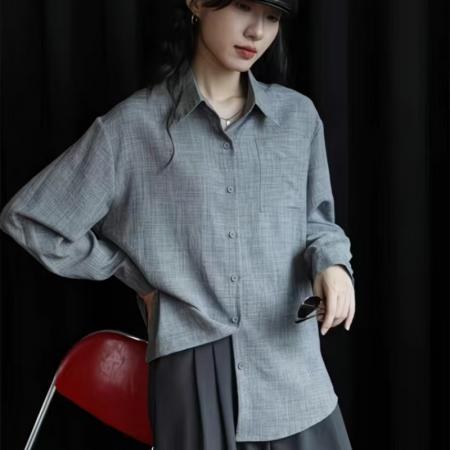 YF6959# (3色入内)简练时尚港式春秋复古设计长袖翻领宽松显瘦设计高级感衬衣