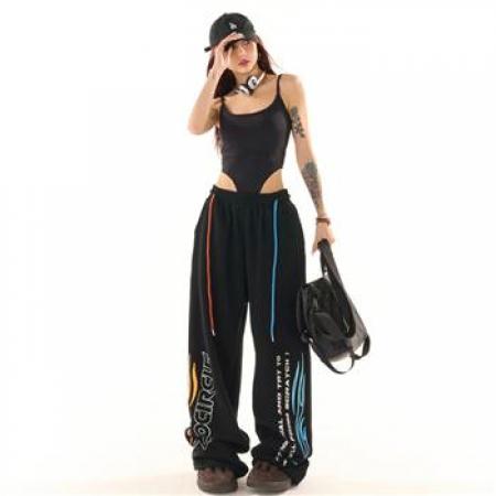 YF6958# 图片色原创新款松紧腰撞色绑绳字母印花动感设计阔腿运动卫衣裤