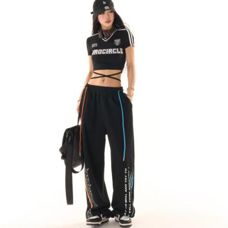 YF6958# 图片色原创新款松紧腰撞色绑绳字母印花动感设计阔腿运动卫衣裤