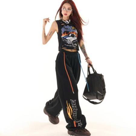 YF6958# 图片色原创新款松紧腰撞色绑绳字母印花动感设计阔腿运动卫衣裤