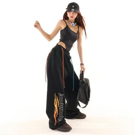 YF6958# 图片色原创新款松紧腰撞色绑绳字母印花动感设计阔腿运动卫衣裤