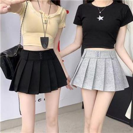 YF6977# (3色入内）性感小辣椒三颗扣高腰百褶A字防走光显瘦韩版半身裙