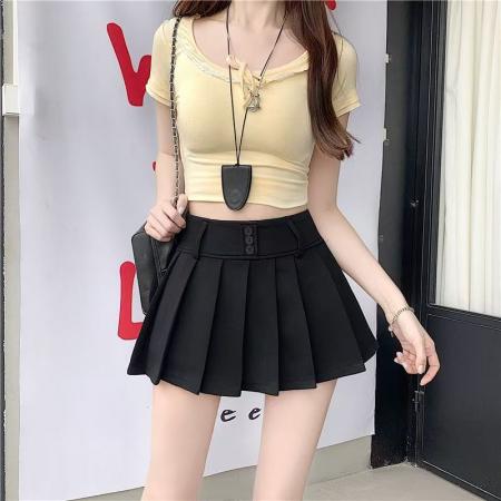 YF6977# (3色入内）性感小辣椒三颗扣高腰百褶A字防走光显瘦韩版半身裙