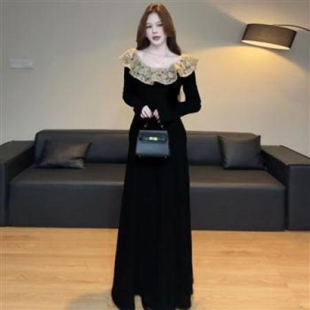 YF6974# 图片色优雅时尚后背绑绳收腰显瘦蕾丝荷叶边赫本风黑色长裙