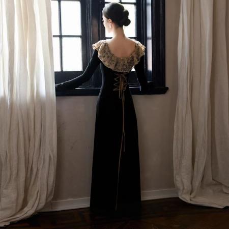 YF6974# 图片色优雅时尚后背绑绳收腰显瘦蕾丝荷叶边赫本风黑色长裙