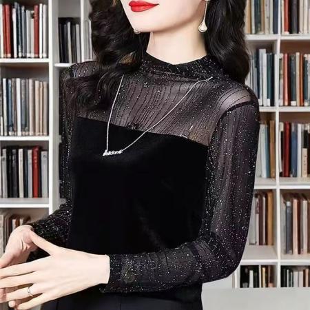 YF6973# 图片色名媛气质烫金网纱拼接丝绒透视袖圆领宽松显瘦百搭打底衫