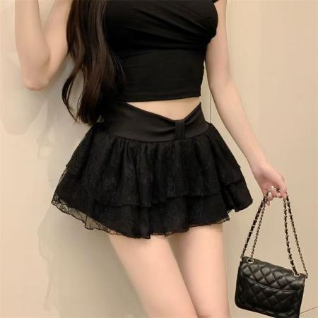 YF6972# (2色入内）性感时尚弹力收腰扭纹设计蕾丝拼接A字蓬蓬防走光蛋糕裙