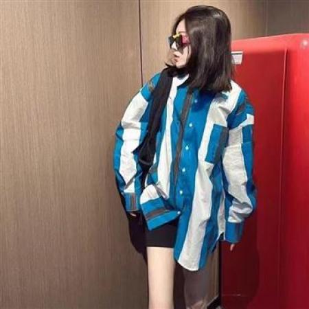 YF6971# 图片色港式春季新款长袖翻领蓝白条纹胖MM显瘦慵懒风个性衬衣