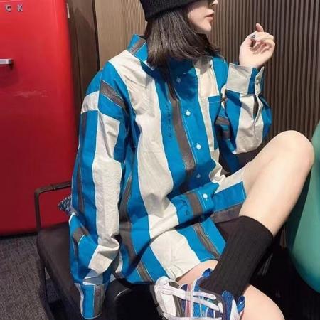 YF6971# 图片色港式春季新款长袖翻领蓝白条纹胖MM显瘦慵懒风个性衬衣