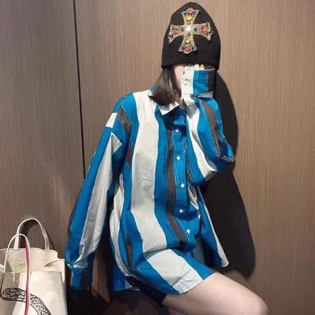 YF6971# 图片色港式春季新款长袖翻领蓝白条纹胖MM显瘦慵懒风个性衬衣