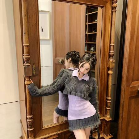 YF6970# (2色入内)性感时尚辣妹冬装松紧腰毛边坑条纹A字针织加厚防走光短裙