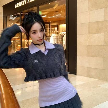 YF6970# (2色入内)性感时尚辣妹冬装松紧腰毛边坑条纹A字针织加厚防走光短裙