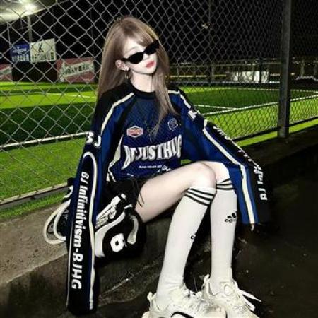 YF6969# （3色入内）美式时尚运动感字母印花蝙蝠袖撞色拼接宽松透气机车装上衣