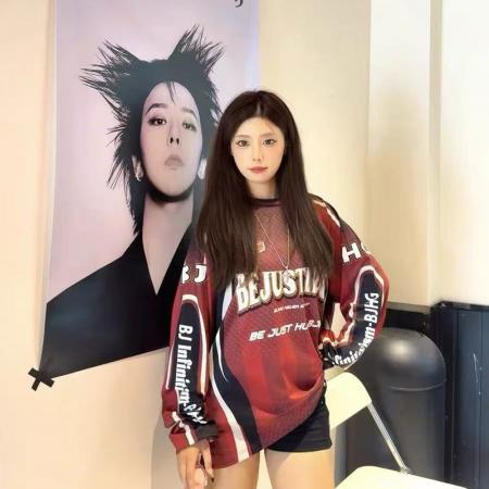 YF6969# （3色入内）美式时尚运动感字母印花蝙蝠袖撞色拼接宽松透气机车装上衣