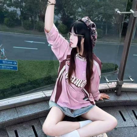 YF6969# （3色入内）美式时尚运动感字母印花蝙蝠袖撞色拼接宽松透气机车装上衣