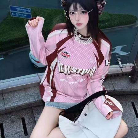 YF6969# （3色入内）美式时尚运动感字母印花蝙蝠袖撞色拼接宽松透气机车装上衣