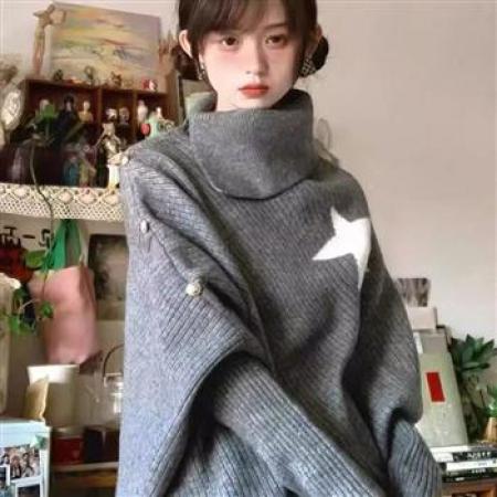 YF6967# 图片色时尚冬装不规则星星长袖高领宽松开叉显瘦蝙蝠袖针织毛衣