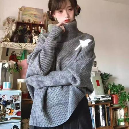 YF6967# 图片色时尚冬装不规则星星长袖高领宽松开叉显瘦蝙蝠袖针织毛衣