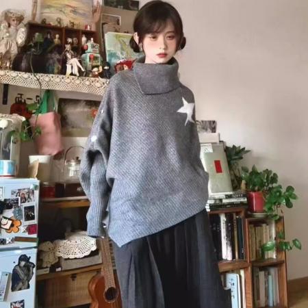 YF6967# 图片色时尚冬装不规则星星长袖高领宽松开叉显瘦蝙蝠袖针织毛衣