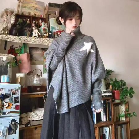 YF6967# 图片色时尚冬装不规则星星长袖高领宽松开叉显瘦蝙蝠袖针织毛衣