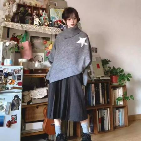 YF6967# 图片色时尚冬装不规则星星长袖高领宽松开叉显瘦蝙蝠袖针织毛衣