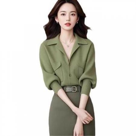 YF6987# (3色入内)冬装束袖西装领系扣双口袋宽松大码宽松显瘦针织上衣