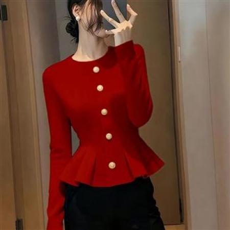YF6986# 图片色韩版红色秋冬新款插肩袖圆领排扣修腰褶折感别致针织上衣