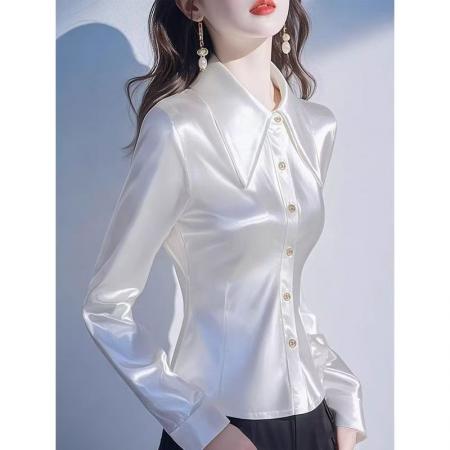 YF6984# 图片色高级感绸面丝滑尖领系扣修身褶折长袖POLO领OL气质衬衫