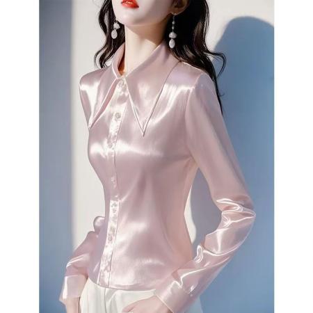 YF6984# 图片色高级感绸面丝滑尖领系扣修身褶折长袖POLO领OL气质衬衫