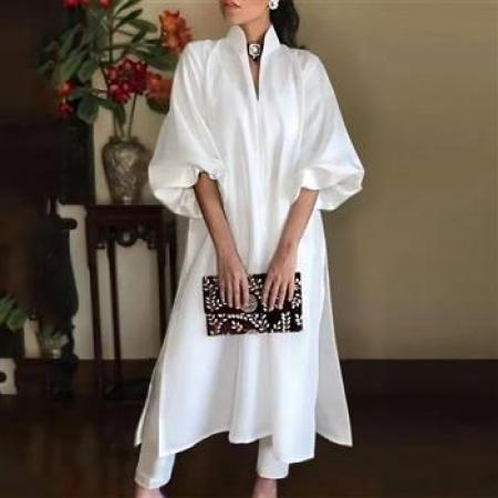 YF6983# (4色入内)外贸时尚灯笼袖立领宽松显瘦开叉纯色春季新款连衣裙