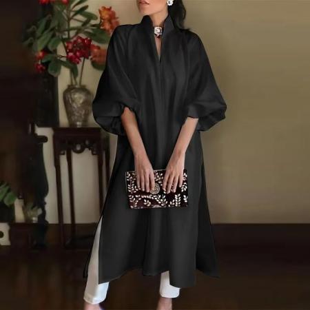 YF6983# (4色入内)外贸时尚灯笼袖立领宽松显瘦开叉纯色春季新款连衣裙