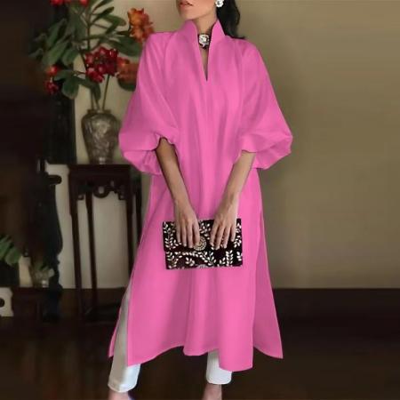 YF6983# (4色入内)外贸时尚灯笼袖立领宽松显瘦开叉纯色春季新款连衣裙