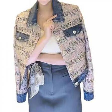 YF6982# 图片色韩版小香风POLO领长袖系扣提花牛仔拼接宽松大码短装上衣