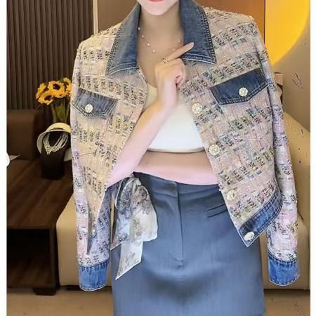 YF6982# 图片色韩版小香风POLO领长袖系扣提花牛仔拼接宽松大码短装上衣